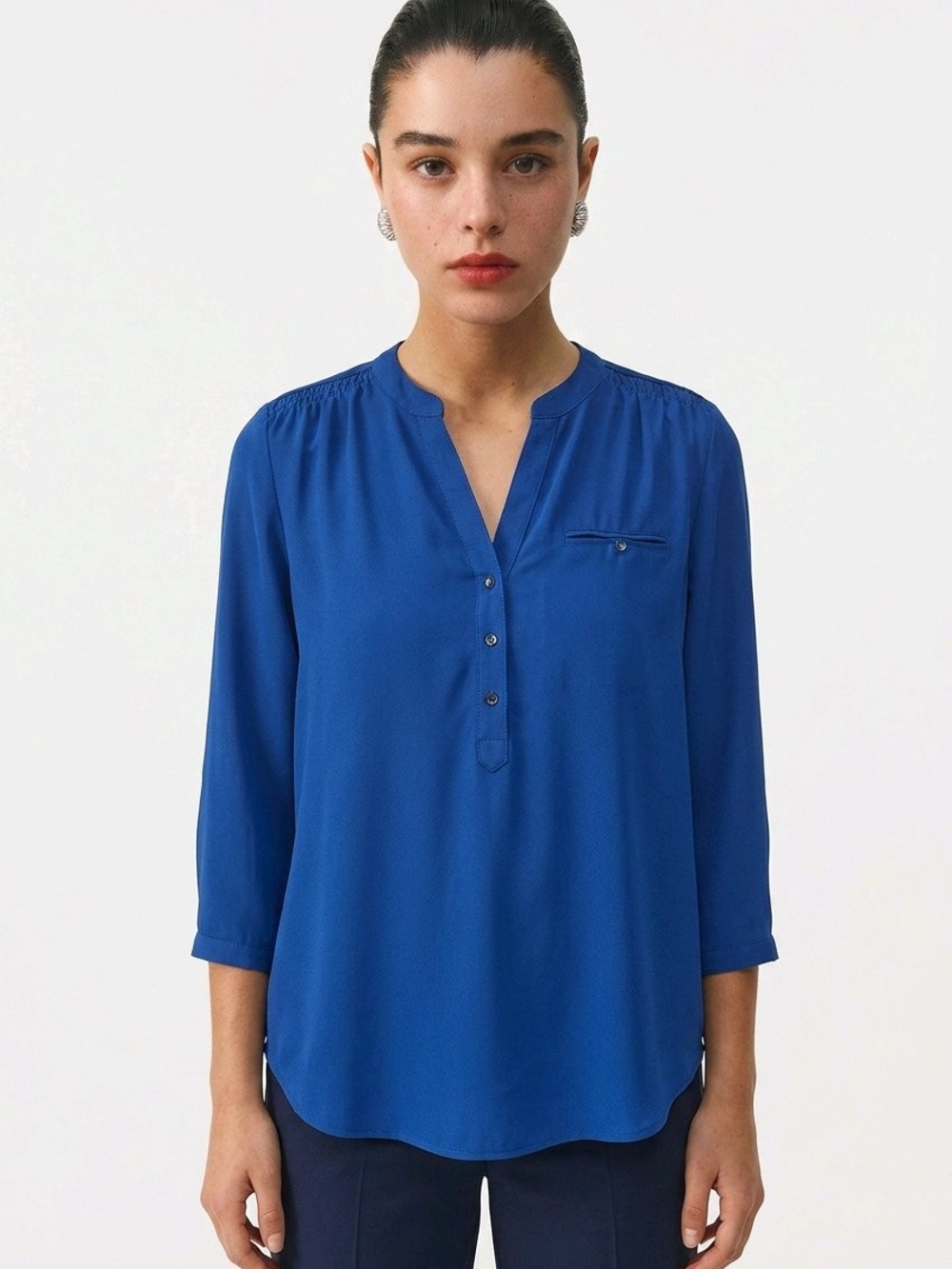 mandee Split V-Neck 3/4 Sleeve Blouse in Royal Blue